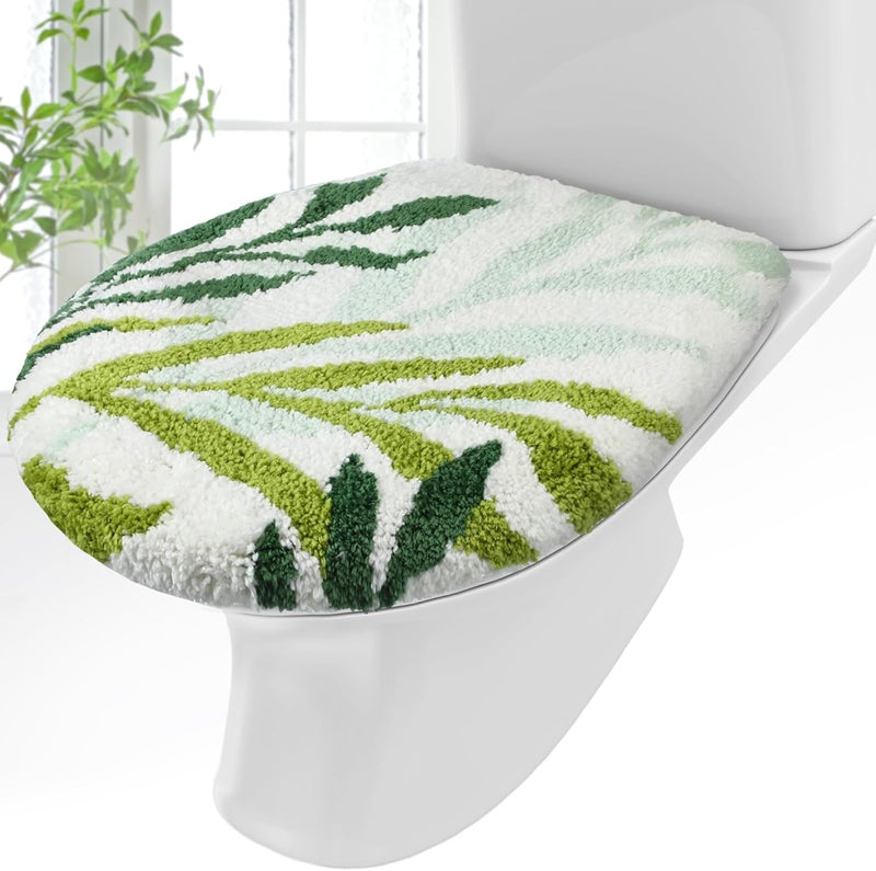 Mindsoft Green Leaves Toilet Seat Covers Bathroom Toilet Lid Cover Soft Microfiber 17.5'' x 15'' Plush Tufted, Machine Washable, Adjustable Rubber Backing Fits Most Round Elongated Oblong Lids - Image 1